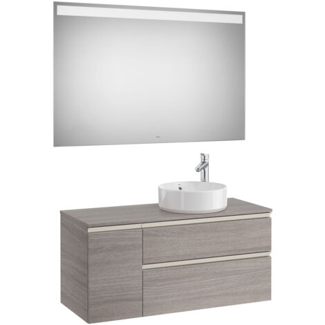 Pack meuble "The gap" 1100 pour vasque à droite - 2 tiroirs + 1 porte + plan + miroir LED - city oak/poignées nickel mat - Roca