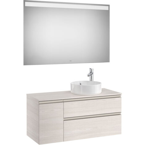 Pack meuble "The gap" 1100 pour vasque à droite - 2 tiroirs + 1 porte + plan + miroir LED - frêne nordic/poignées nickel mat - Roca