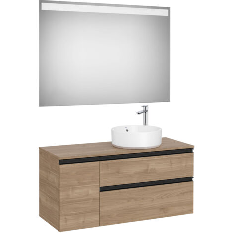 Pack meuble "The gap" 1100 pour vasque à droite - 2 tiroirs + 1 porte + plan + miroir LED - noyer/poignées noires - Roca