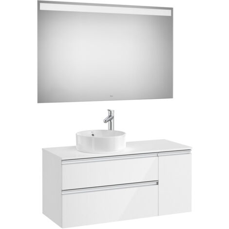 Pack meuble "The gap" 1100 pour vasque à gauche - 2 tiroirs + 1 porte + plan + miroir LED - blanc brillant - Roca