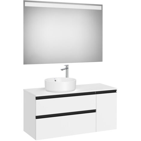 Pack meuble "The gap" 1100 pour vasque à gauche - 2 tiroirs + 1 porte + plan + miroir LED - blanc mat/poignées noires - Roca