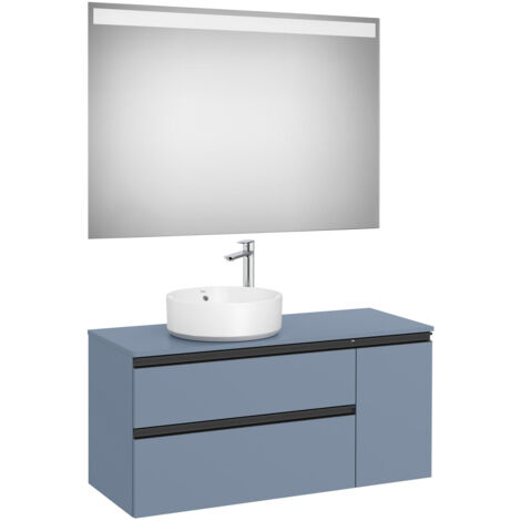 Pack meuble "The gap" 1100 pour vasque à gauche - 2 tiroirs + 1 porte + plan + miroir LED - bleu mat/ poignées noires - Roca