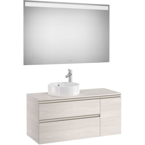 Pack meuble "The gap" 1100 pour vasque à gauche - 2 tiroirs + 1 porte + plan + miroir LED - frêne nordic/poignées nickel mat - Roca