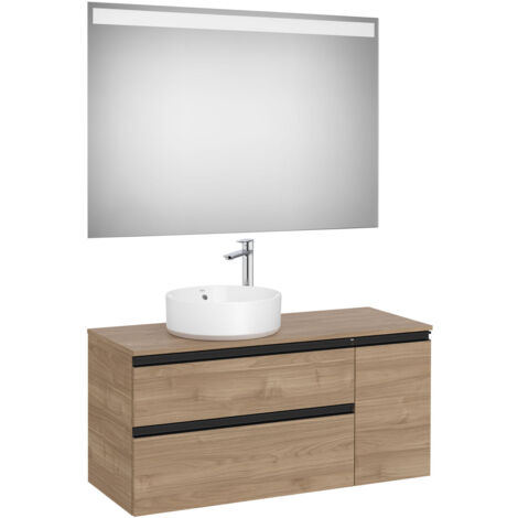 Pack meuble "The gap" 1100 pour vasque à gauche - 2 tiroirs + 1 porte + plan + miroir LED - noyer/poignées noires - Roca