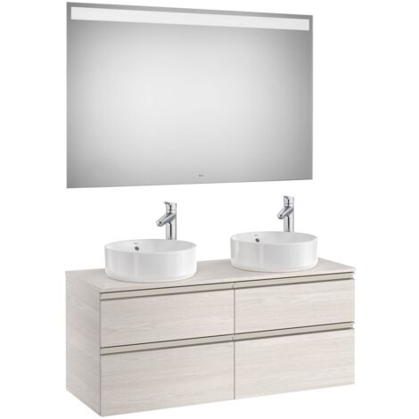 Pack meuble "The gap" 1200 pour 2 vasques à poser - 4 tiroirs + plan + miroir LED - frêne nordic/poignées nickel mat - Roca