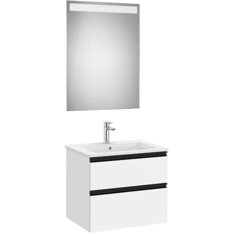 Pack meuble "The Gap" 600 - 2 tiroirs + lavabo slim + miroir LED - blanc mat/poignées noires - Roca