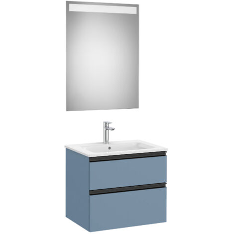Pack meuble "The Gap" 600 - 2 tiroirs + lavabo slim + miroir LED - bleu mat/ poignées noires - Roca