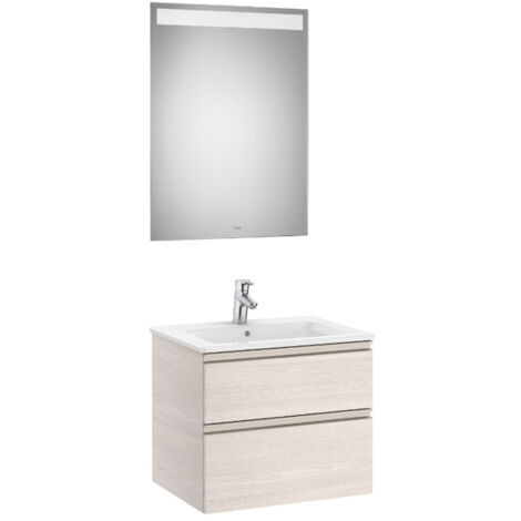 Pack meuble "The Gap" 600 - 2 tiroirs + lavabo slim + miroir LED - frêne nordic/poignées nickel mat - Roca