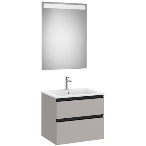 Pack meuble "The Gap" 600 - 2 tiroirs + lavabo slim + miroir LED - gris moyen mat/poignées noires - Roca