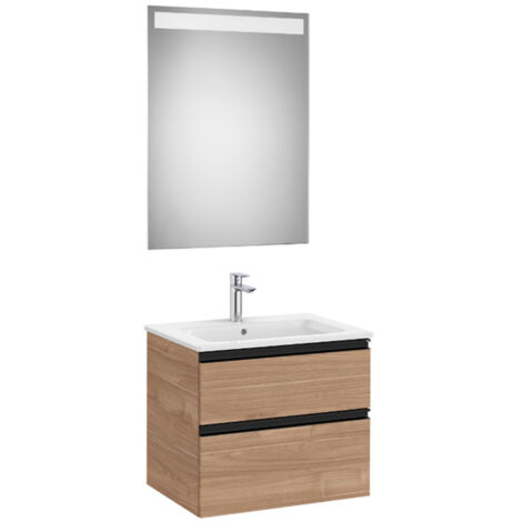 Pack meuble "The Gap" 600 - 2 tiroirs + lavabo slim + miroir LED - noyer/poignées noires - Roca