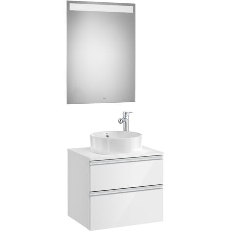 Pack meuble "The gap" 600 pour vasque à poser - 2 tiroirs + plan + miroir LED - blanc brillant/poignées alu brillantes - Roca
