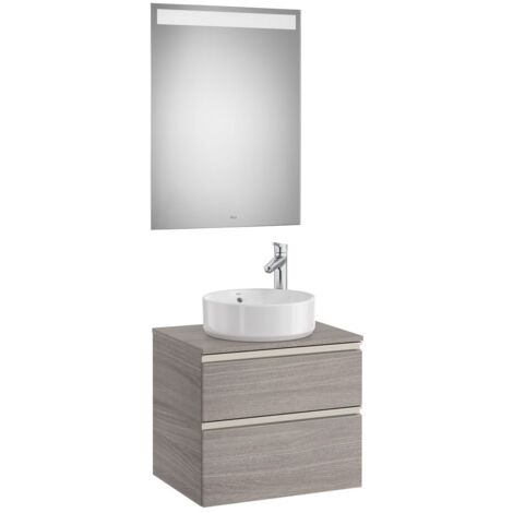 Pack meuble "The gap" 600 - pour vasque à poser - 2 tiroirs + plan + miroir LED - city oak/poignées nickel mat - Roca