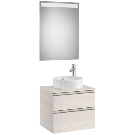 Pack meuble "The gap" 600 pour vasque à poser- 2 tiroirs + plan + miroir LED - frêne nordic/poignées nickel mat - Roca
