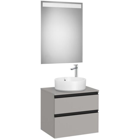 Pack meuble "The gap" 600 pour vasque à poser - 2 tiroirs + plan + miroir LED - gris moyen mat/poignées noires - Roca