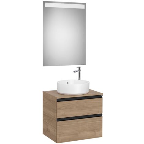 Pack meuble "The gap" 600 pour vasque à poser - 2 tiroirs + plan + miroir LED - noyer/poignées noires - Roca