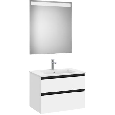 Pack meuble "The Gap" 700 - 2 tiroirs + lavabo slim + miroir LED - blanc mat/poignées noires - Roca
