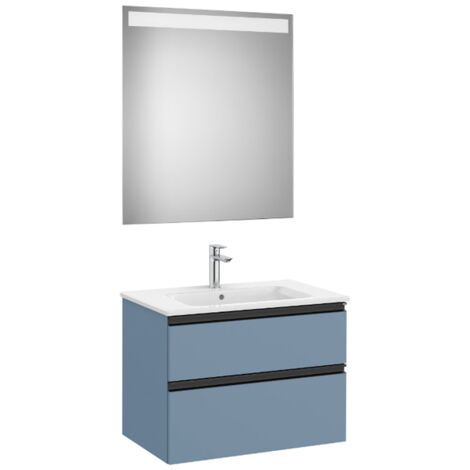 Pack meuble "The Gap" 700 - 2 tiroirs + lavabo slim + miroir LED - bleu mat/ poignées noires - Roca