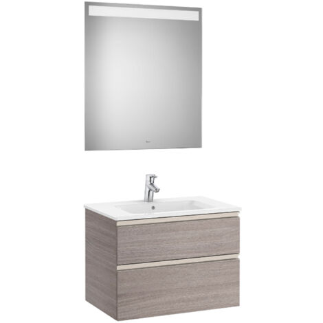 Pack meuble "The Gap" 700 - 2 tiroirs + lavabo slim + miroir LED - city oak/poignées nickel mat - Roca