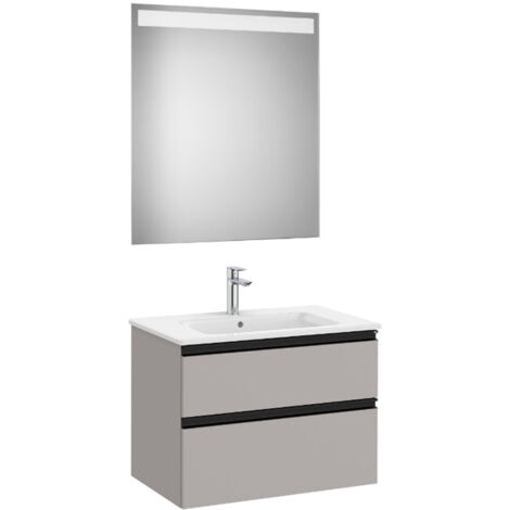 Pack meuble "The Gap" 700 - 2 tiroirs + lavabo slim + miroir LED - gris moyen mat/poignées noires - Roca