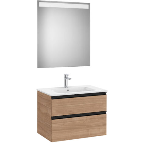 Pack meuble "The Gap" 700 - 2 tiroirs + lavabo slim + miroir LED - noyer/poignées noires - Roca