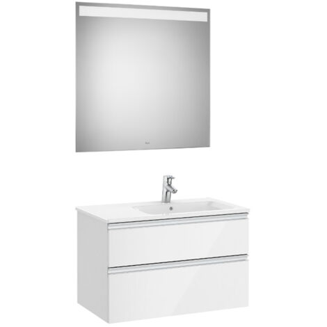 Pack meuble "The Gap" 800 - 2 tiroirs + lavabo slim droite + miroir LED - blanc brillant - Roca