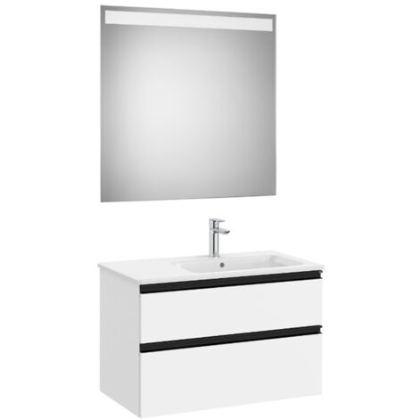 Pack meuble "The Gap" 800 - 2 tiroirs + lavabo slim droite + miroir LED - blanc mat/poignées noires - Roca
