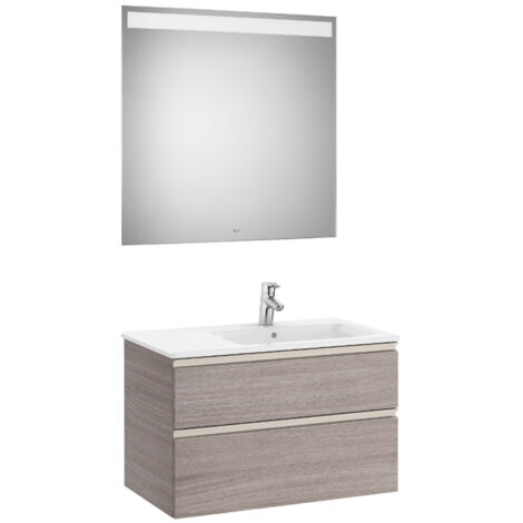 Pack meuble "The Gap" 800 - 2 tiroirs + lavabo slim droite + miroir LED - city oak/poignées nickel mat - Roca