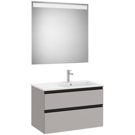 Pack meuble "The Gap" 800 - 2 tiroirs + lavabo slim droite + miroir LED - gris moyen mat/poignées noires - Roca