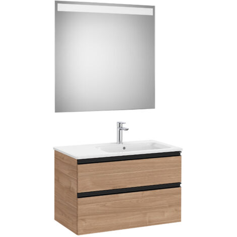 Pack meuble "The Gap" 800 - 2 tiroirs + lavabo slim droite + miroir LED - noyer/poignées noires - Roca