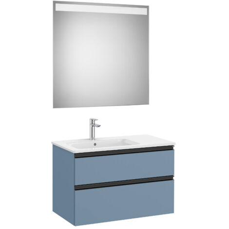 Pack meuble "The Gap" 800 - 2 tiroirs + lavabo slim gauche + miroir LED - bleu mat/ poignées noires - Roca