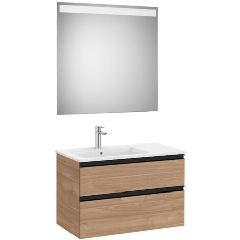 Pack meuble "The Gap" 800 - 2 tiroirs + lavabo slim gauche + miroir LED - noyer/poignées noires - Roca