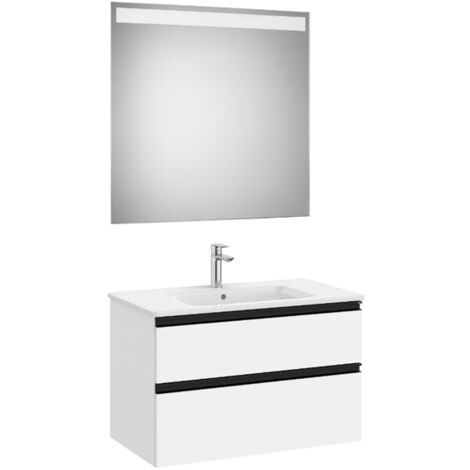 Pack meuble "The Gap" 800 - 2 tiroirs + lavabo slim + miroir LED - blanc mat/poignées noires - Roca