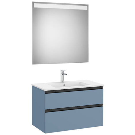 Pack meuble "The Gap" 800 - 2 tiroirs + lavabo slim + miroir LED - bleu mat/ poignées noires - Roca
