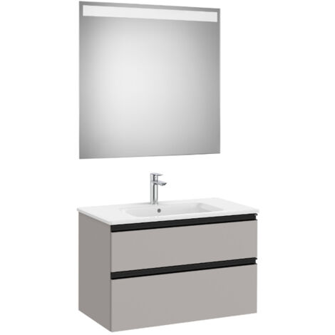 Pack meuble "The Gap" 800 - 2 tiroirs + lavabo slim + miroir LED - gris moyen mat/poignées noires - Roca
