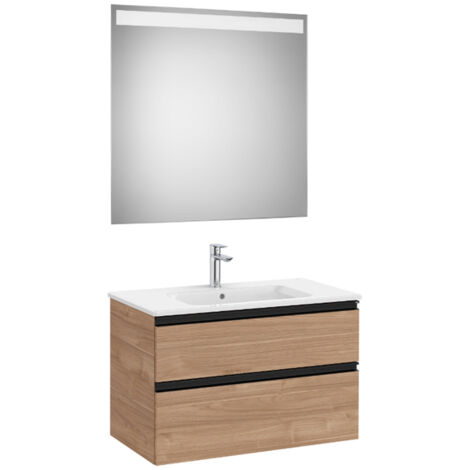 Pack meuble "The Gap" 800 - 2 tiroirs + lavabo slim + miroir LED - noyer/poignées noires - Roca