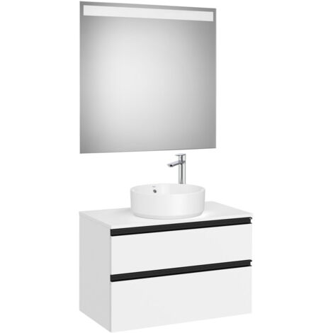 Pack meuble "The gap" 800 pour vasque à poser - 2 tiroirs + plan + miroir LED - blanc mat/poignées noires - Roca