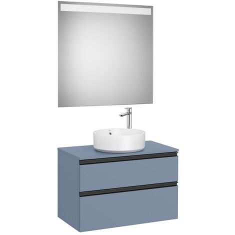 Pack meuble "The gap" 800 - pour vasque à poser - 2 tiroirs + plan + miroir LED - bleu mat/ poignées noires - Roca