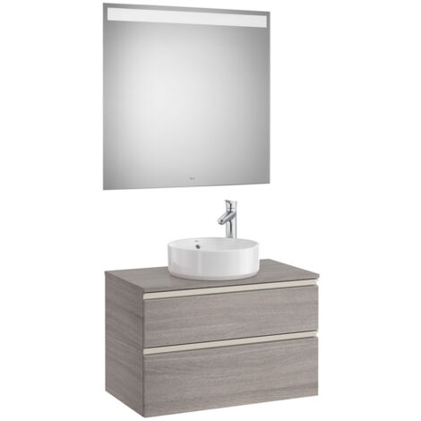 Pack meuble "The gap" 800 pour vasque à poser - 2 tiroirs + plan + miroir LED - city oak/poignées nickel mat - Roca