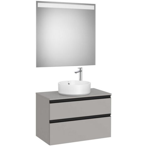 Pack meuble "The gap" 800 - pour vasque à poser - 2 tiroirs + plan + miroir LED - gris moyen mat/poignées noires - Roca