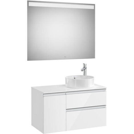 Pack meuble "The gap" 900 pour vasque à droite - 2 tiroirs + 1 porte + plan + miroir LED - blanc brillant - Roca