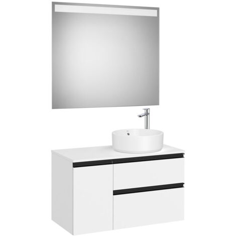 Pack meuble "The gap" 900 pour vasque à droite - 2 tiroirs + 1 porte + plan + miroir LED - blanc mat - Roca