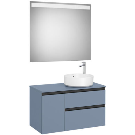 Pack meuble "The gap" 900 pour vasque à droite - 2 tiroirs + 1 porte + plan + miroir LED - bleu mat - Roca