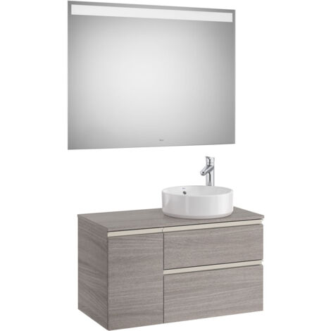 Pack meuble "The gap" 900 pour vasque à droite - 2 tiroirs + 1 porte + plan + miroir LED - city oak - Roca