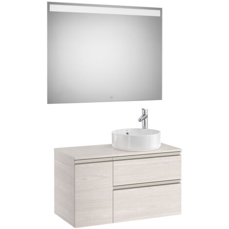 Pack meuble "The gap" 900 pour vasque à droite - 2 tiroirs + 1 porte + plan + miroir LED - frêne nordic - Roca