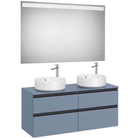 Pack meuble "The gap"1200 pour 2 vasques à poser - 4 tiroirs + plan + miroir LED - bleu mat/ poignées noires - Roca