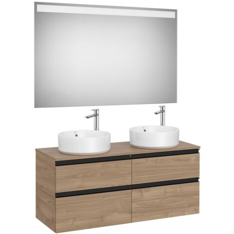 Pack meuble "The gap"1200 pour 2 vasques à poser - 4 tiroirs + plan + miroir LED - noyer/poignées noires - Roca