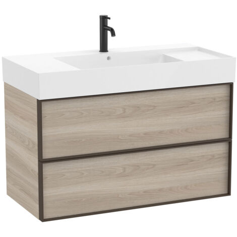 Pack meuble unik "INSPIRA" 1000 - 2 tiroirs + lavabo plan en fineceramic - Pin Blanc - Roca