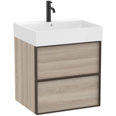 Pack meuble unik "INSPIRA" 600 - 2 tiroirs + lavabo plan en fineceramic - Pin Blanc - Roca