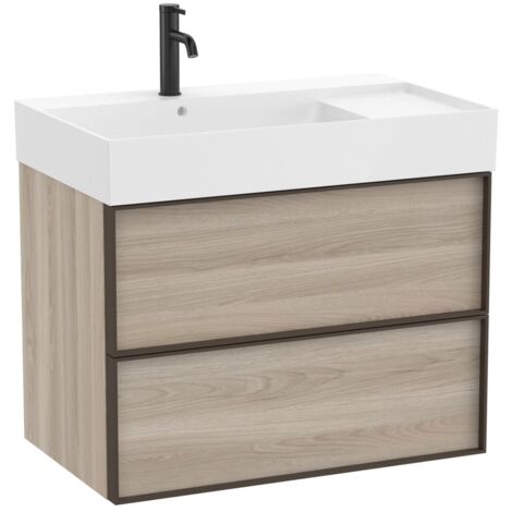 Pack meuble unik "INSPIRA" 800 - 2 tiroirs + lavabo plan en fineceramic - Pin Blanc - Roca