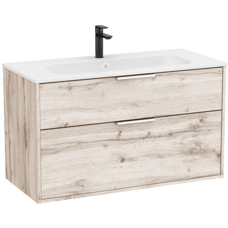 Pack meuble unik "OPTICA" 1000 - 2 tiroirs + lavabo plan en Stonex - Blanc Mat - Roca
